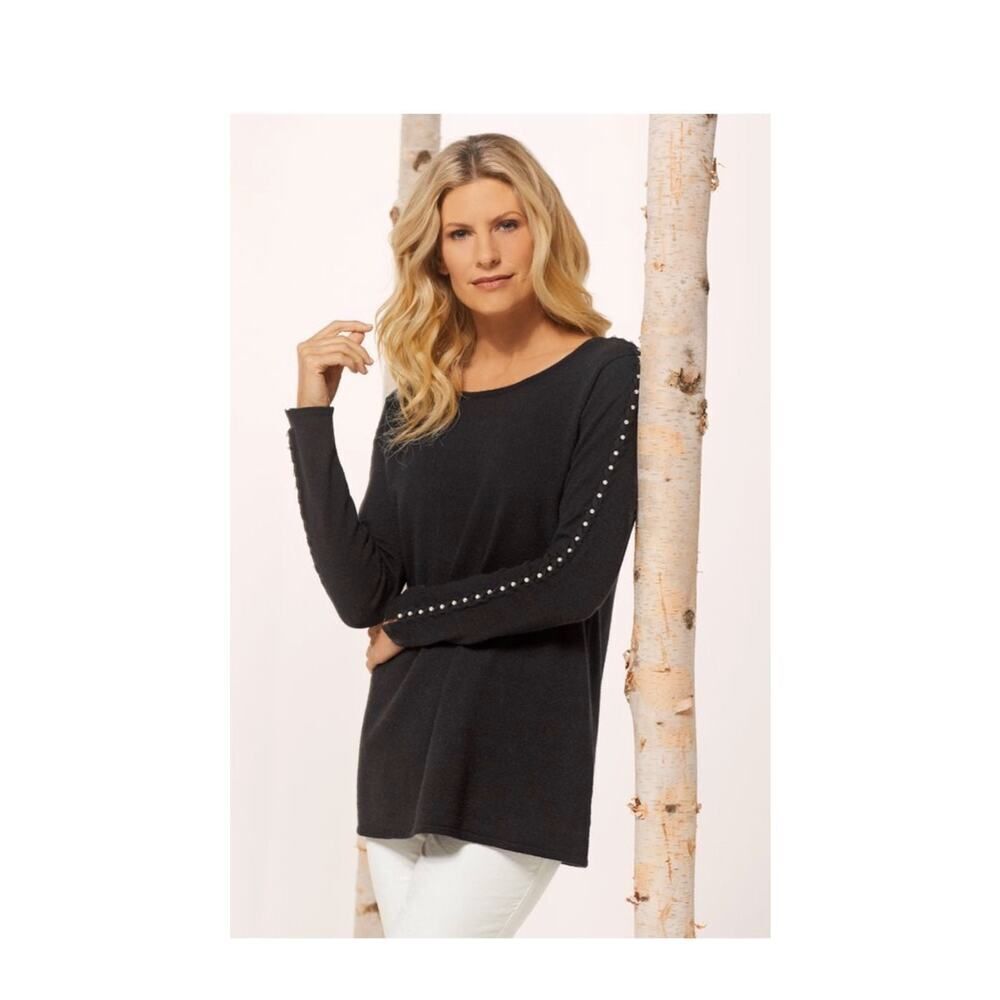 Soft Surroundings Black Sweater L | Pearl Stud Sleeve Cozy Knit Pullover Luxury
